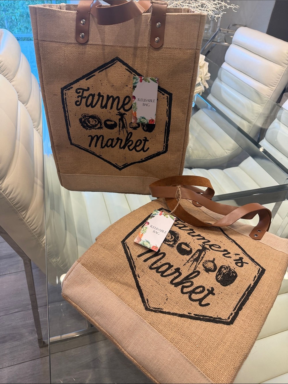 Two Pieces Farmers Market Reusable Tote Bag with leather brown handles.